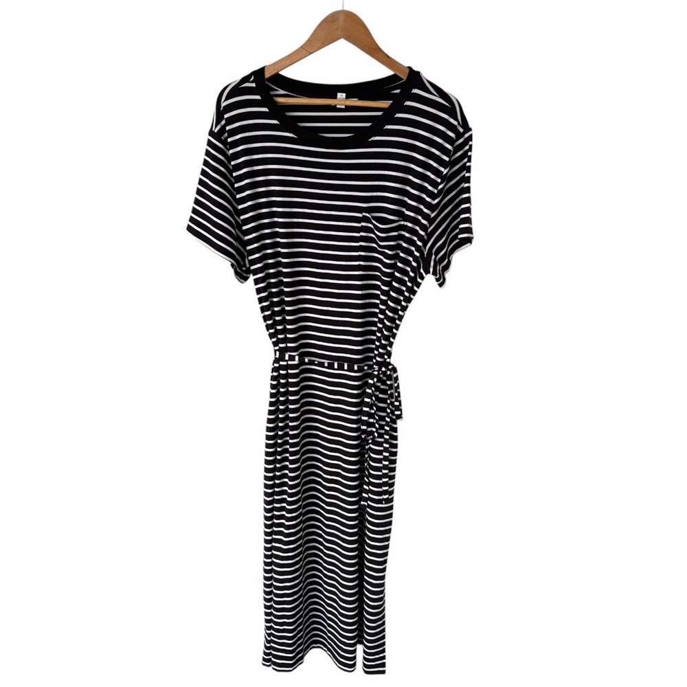 Time and Tru Womens 1X Black White Striped Midi Dress Tie Waist Pockets NWT